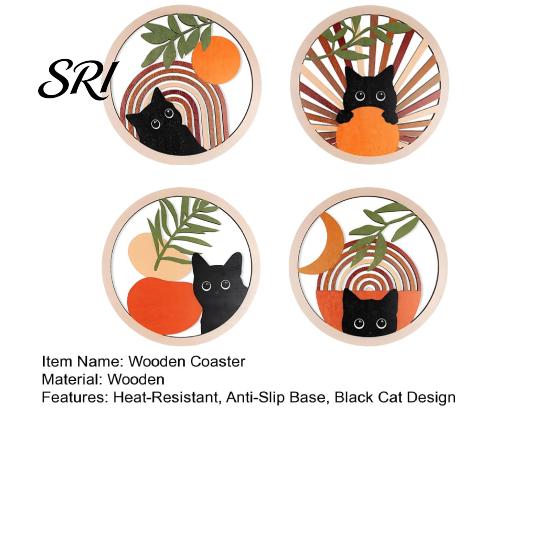 Cute Cat Design Coaster 4Pcs Healing Black Wooden Coaster, Creative Heat Insulation Bright Color Mat, Anti Slip Thickened Desk Protector for