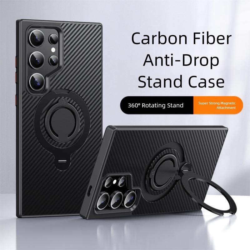 Carbon Fiber Aramid Style Case for Samsung Galaxy S25 Ultra S23 S24 Plus Magnetic Rotating Ring Holder Kickstand Cover LMD002