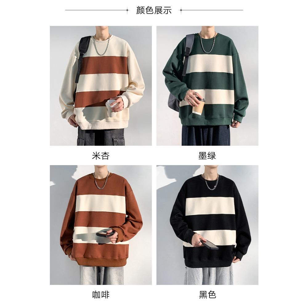 Men's Spring and Autumn New Outdoor Trendy Brand Striped Couple Hong Kong Style Long Sleeve Round Neck T-shirt Pure Cotton Hoodie