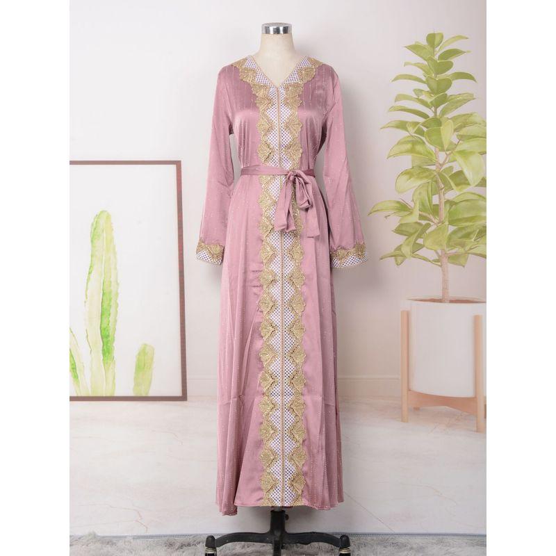 

Magic Queen Djellaba Ins Elegant New Arrival Women s Hot Rhinestone Long Sleeves V-neck Swing Dress Dress Pink XL