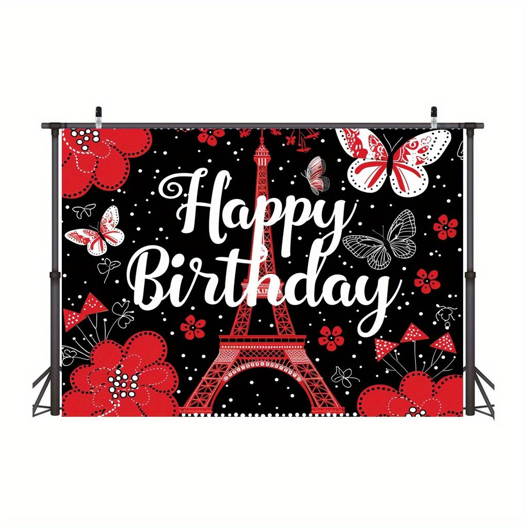 Ladybug Happy Birthday Photography Background, Red and Black Glitter Eiffel Tower Background,party Decoration Banner Photo Booth