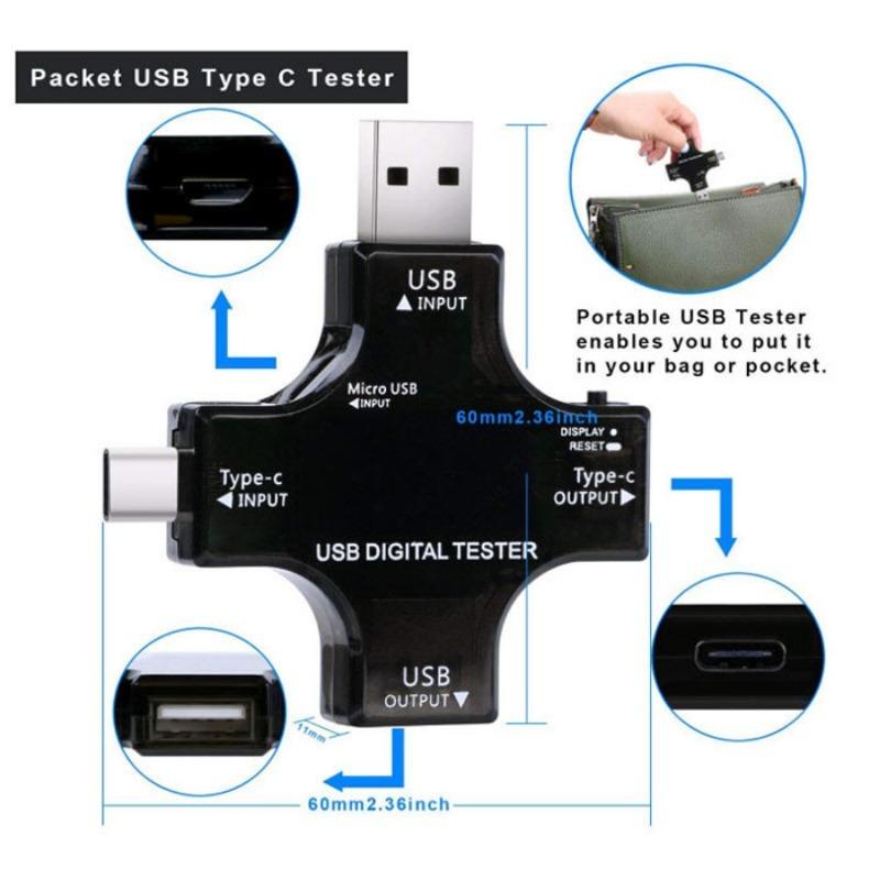 Tester Meter 2-in-1 USB C Current Meter LCD Digital Multimeter Current Power Meter Power Capacity Working Time Detector(Pack with OTG Adapter)