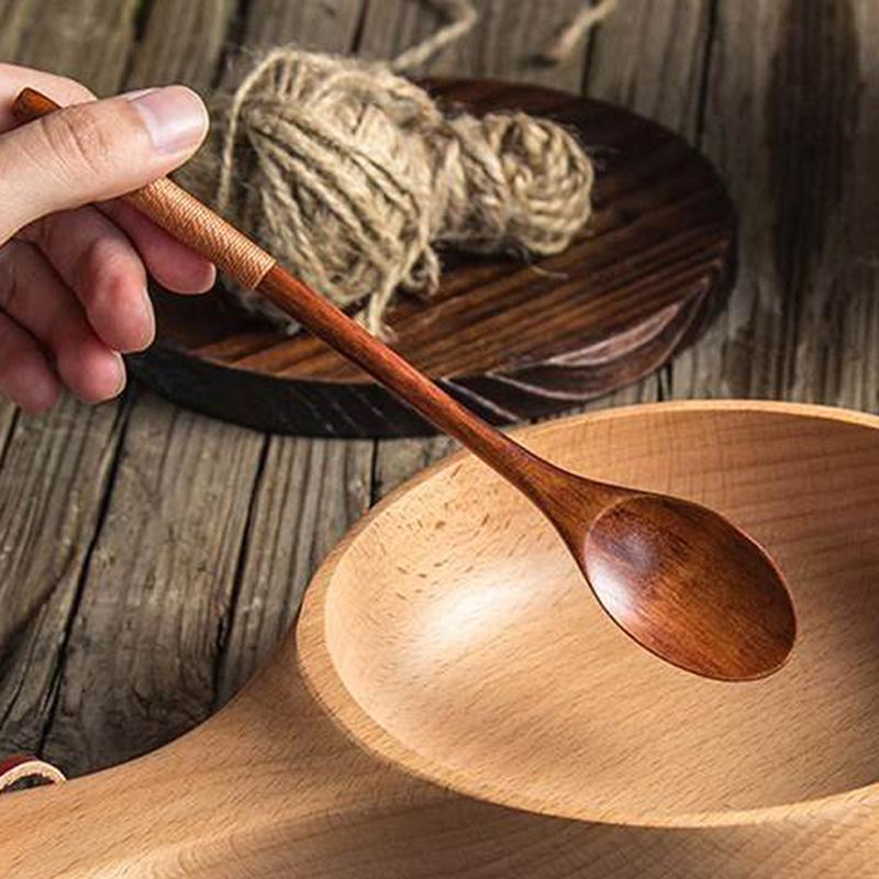 2Pcs Long Handle Wooden Spoons Korean Soup Spoon Dinner Tablespoon Rice Spoon Mixing Stirring Spoon for Tea Honey Wood Tableware