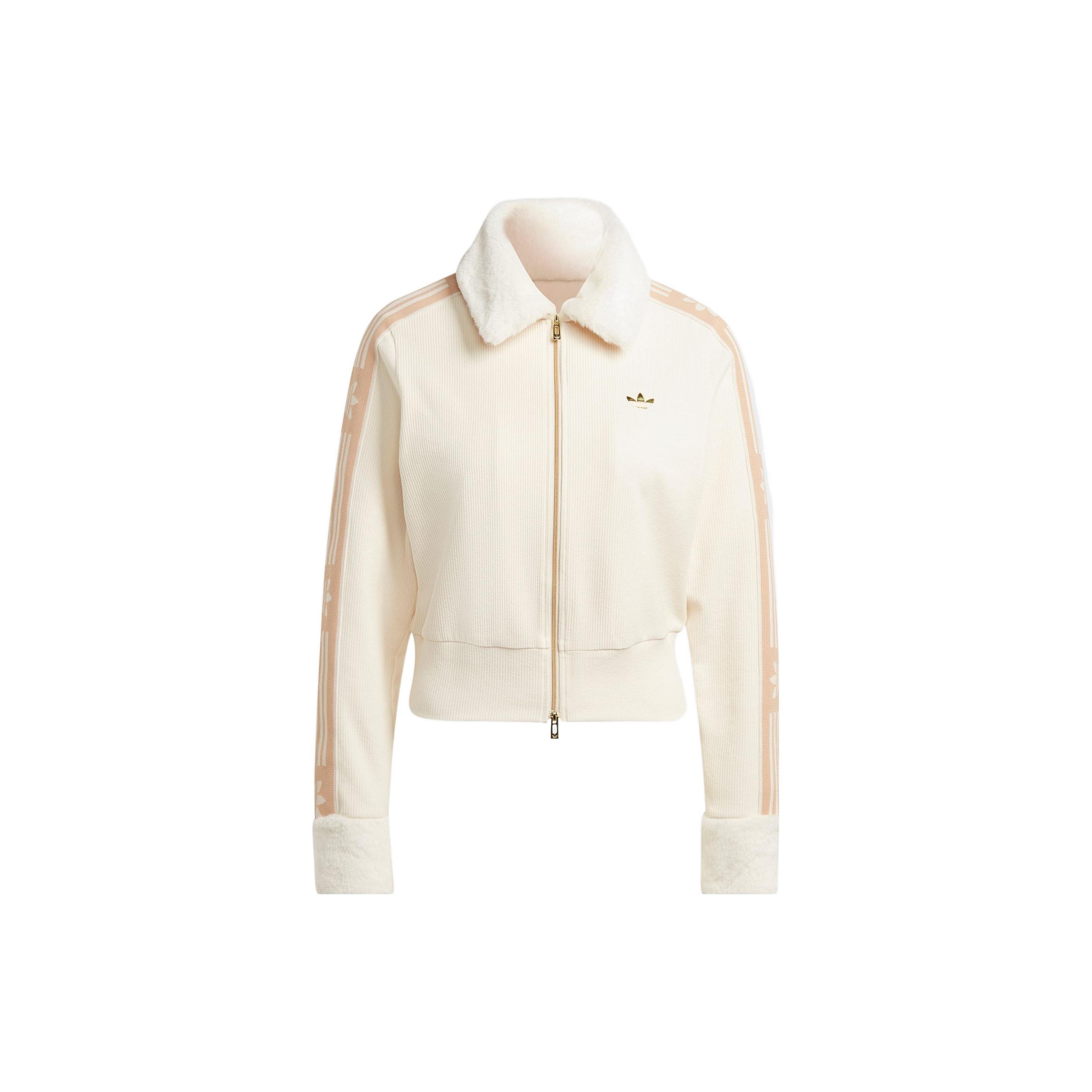 Adidas Originals Ski Chic Rib Track Jacket Women Beige Faux Fur Trim Full Zip Track Top IA3913 S