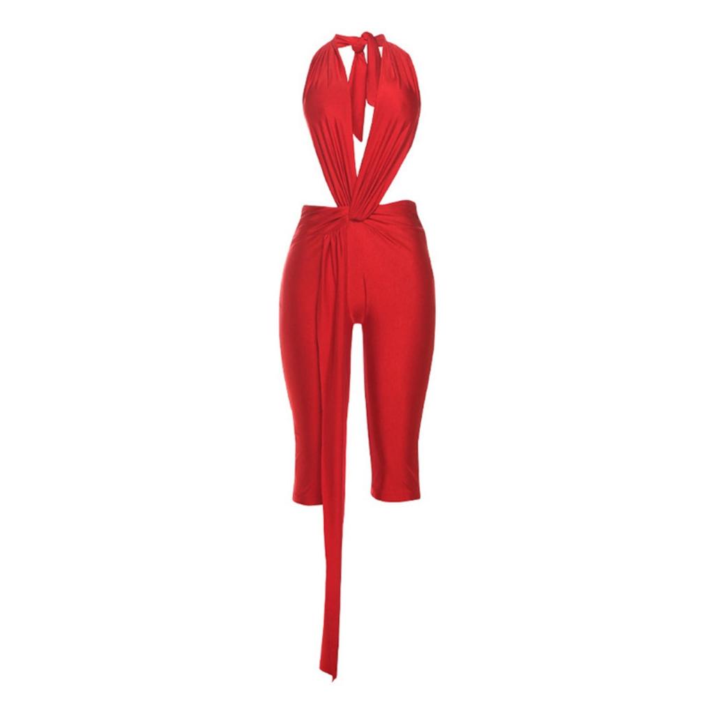 Fall European American Style Solid Color Sexy Sleeveless Halter Backless Tight Jumpsuit
