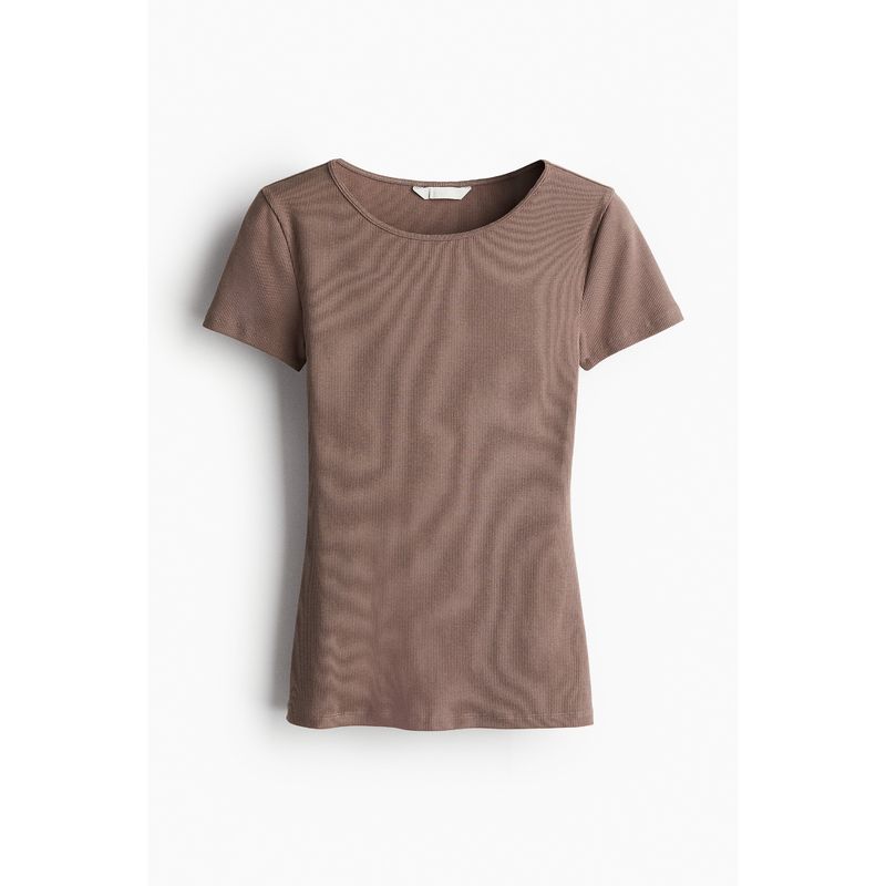 

HM Women s T-shirt Autumn Soft and Simple Casual and Comfortable Rib Basic Short Sleeve Tops 1235366 Deep beige 155/80(XS)