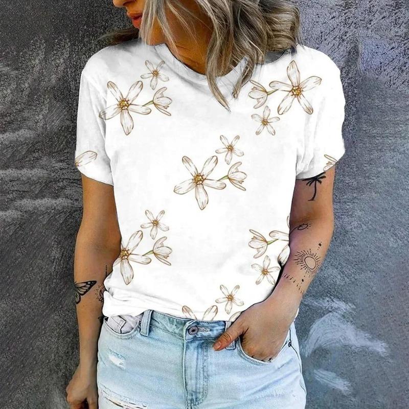 Summer Fashion Women's T-Shirt Floral 3D Printed Short Sleeve Tops Girl Loose Casual Loose Oversize Outdoor Clothing