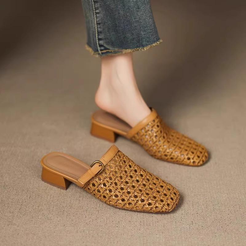 

Retro fashion woven breathable hollow bag head half drag women s summer new one-word belt casual mesh shoes 40 коричневый