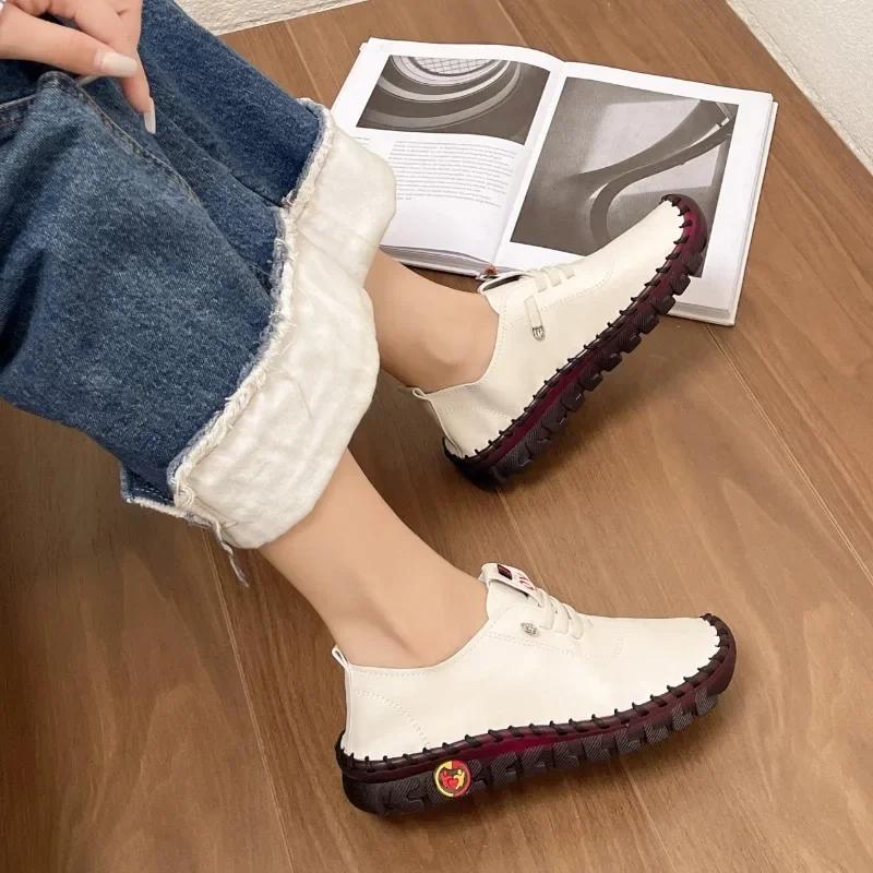 Women's Sneakers Wear Resistant  Spring New Casual Comfortable Platform Loafers Lace-Up Leather Flats Slip-On Ladies Shoes