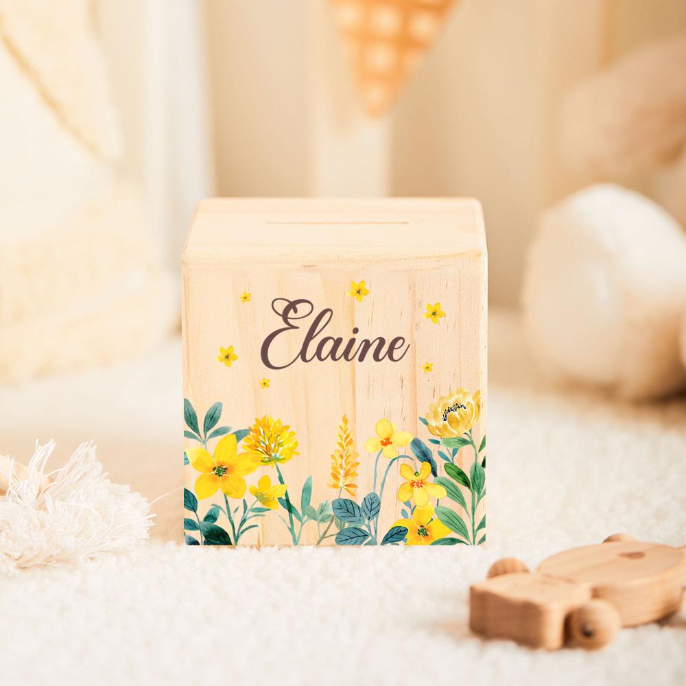 Salvadanaio Fiore Personalizzato Salvadanaio con Nome Maialino Carino Salvadanaio per Bambini Scatola Portamonete Regali di Compleanno e Festività Salvadanai in Legno per Bambini