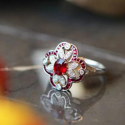 High Quality   Inlaid Red Ruby Rings for Women Vintage Hollow Out Flower Exquisite Charms Banquet Wedding Jewelry