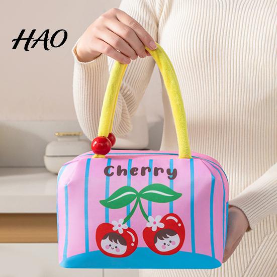 Kawaii Cherry Pattern Lunch Bag Insulated with Reinforced Handle, Cartoon Print, Portable for School Girls Large Capacity Food Storage Organizer