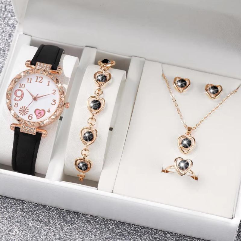 New Popular Women'S Diamond-Encrusted Dial Pu Leather Strap Quartz Watch Bracelet Set