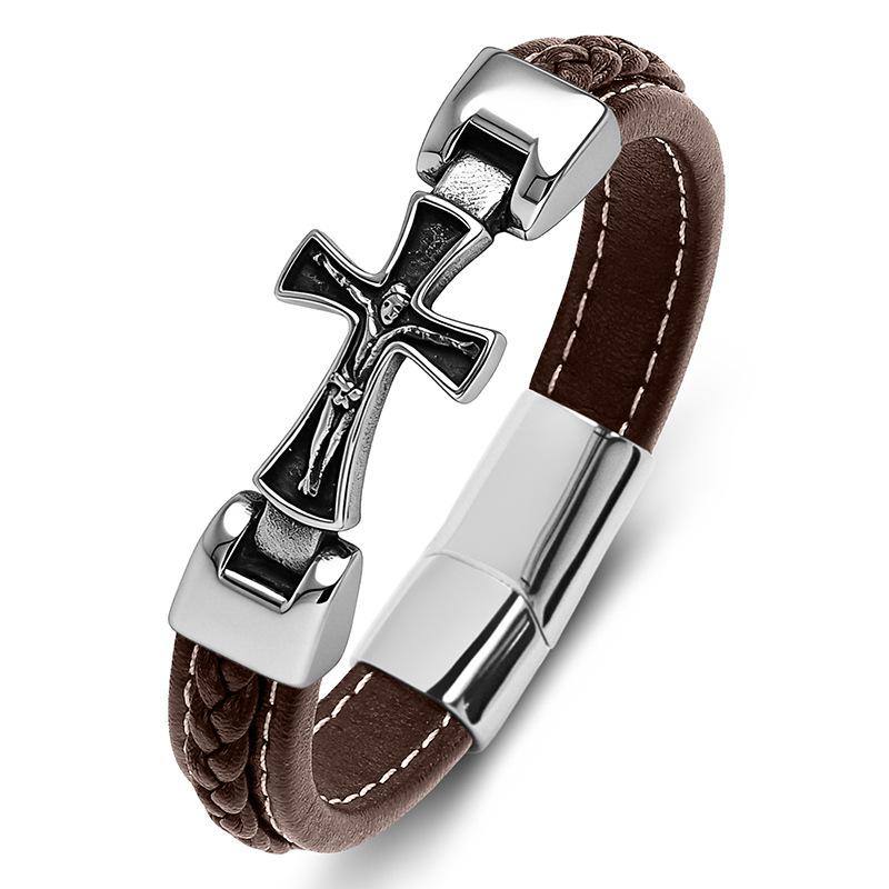 2026 Classic Religious Totem Cross Men's High-end Leather Bracelet