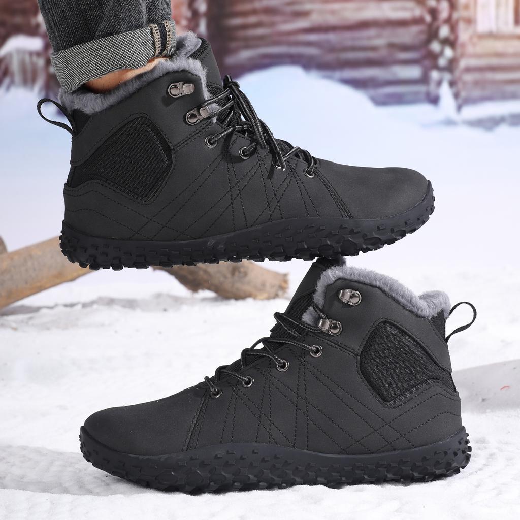 TUINANLE Winter Barefoot Boots Men Winter Sneakers Ankle Snow Shoes Plush Hiking Boots Warm Sporting Shoes Big Size 48Black