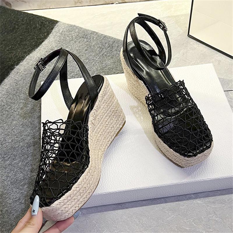

Eilyken Summer Sexy Hollow Out Mesh Platform Wedges Woman Sandals Fashion Hemp Weave Thick Bottom Buckle Strap Shoes 34 чёрный