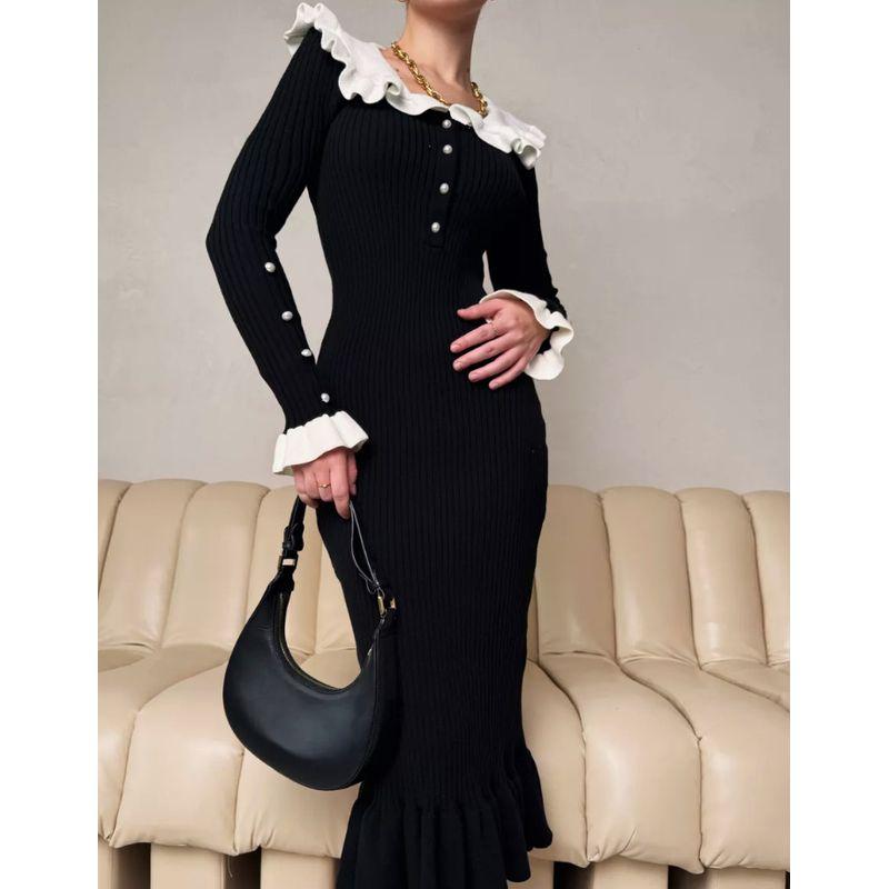 

French Dress Frill Knitted Autumn and Winter Sweater Skirt Knitted Skirt Winter Woolen Dress Black S