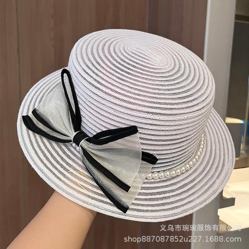 Spring and summer cute bow princess beach mesh hat women's flat edge sunshade sunscreen breathable seaside top hat