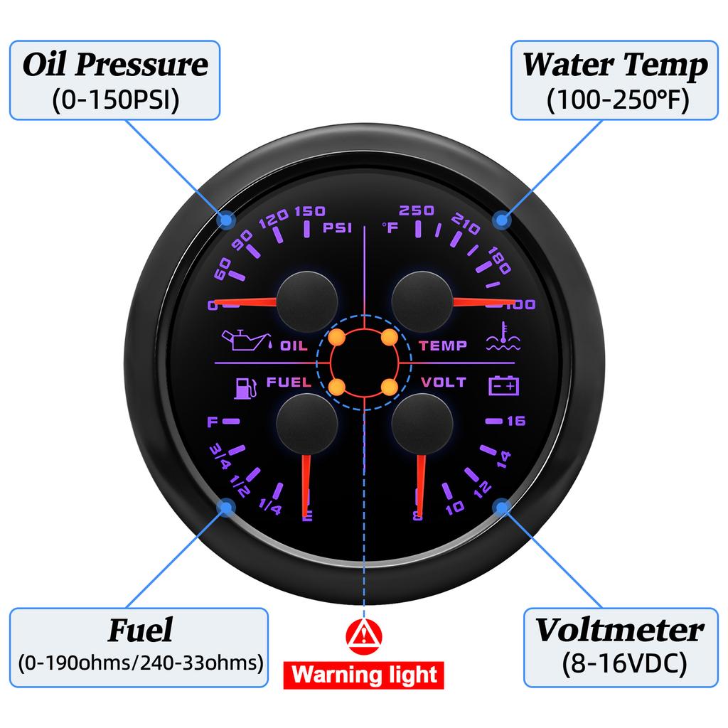 85mm 4 in 1 Gauge Oil Press Gauge Water Temp Meter Fuel level Gauge Voltmeter With Alarm For Marine Boat Car Waterproof 12V 24V