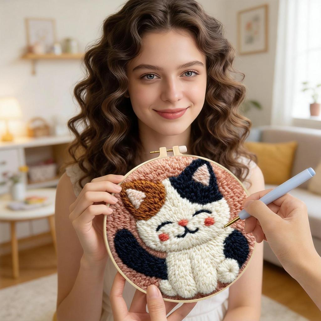 Kit de Punch Needle Tema Gato Fofo Conjunto de Artesanato Bordado Kit de Bordado Punch para Alívio do Estresse Vínculo Pai-Filho Iniciantes Crianças