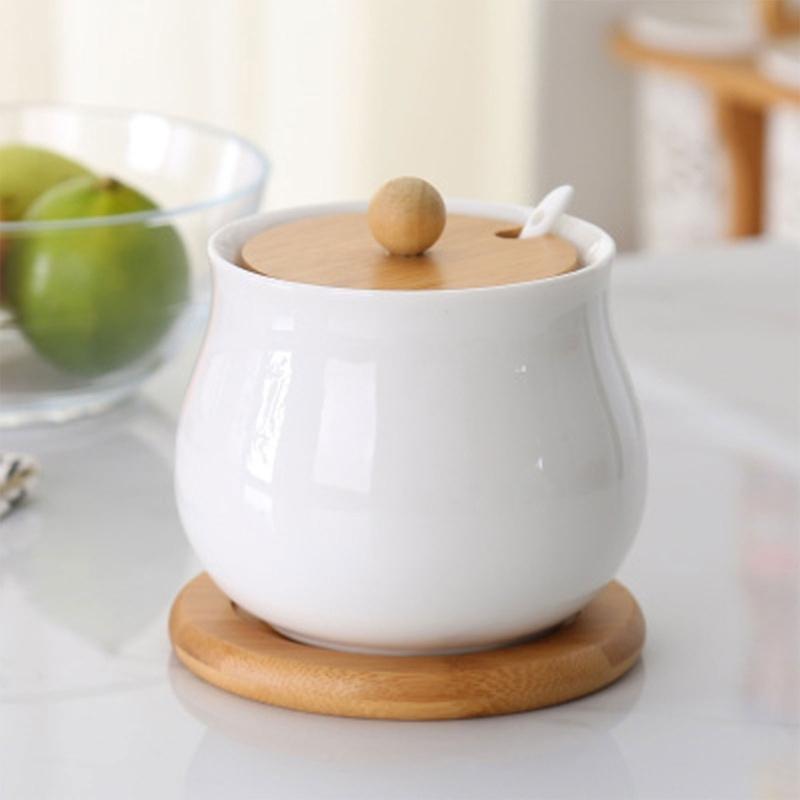 Sturdy Ceramic Condiment Canisters Stylish Ceramic Seasoning Jars with Bamboo Lids for Barbecue Parties and Camping