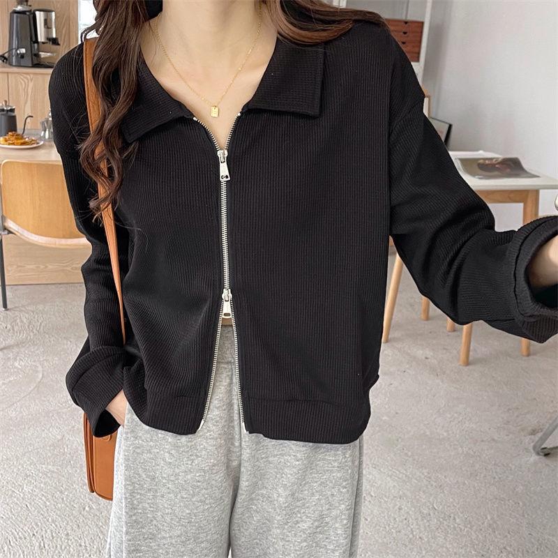 Women's High-End Waffle Knit Polo Collar Sweatshirt Jacket, Autumn Double Zipper Cardigan, Korean Style Student Top