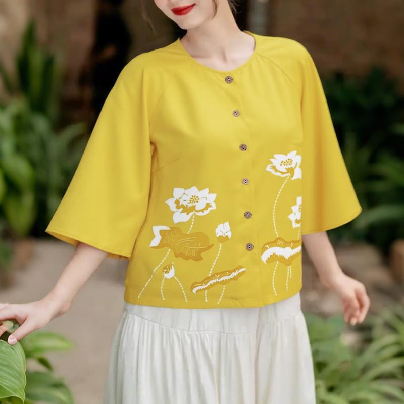 

ZANZEA Женская повседневная блузка с круглым вырезом и рукавом 3/4 с цветочным принтом 5XL жёлтый