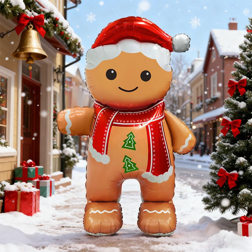 Standing Smiling Gingerbread Man Aluminum Foil Balloon, Suitable for Christmas Party Decoration, Christmas New Year Balloon