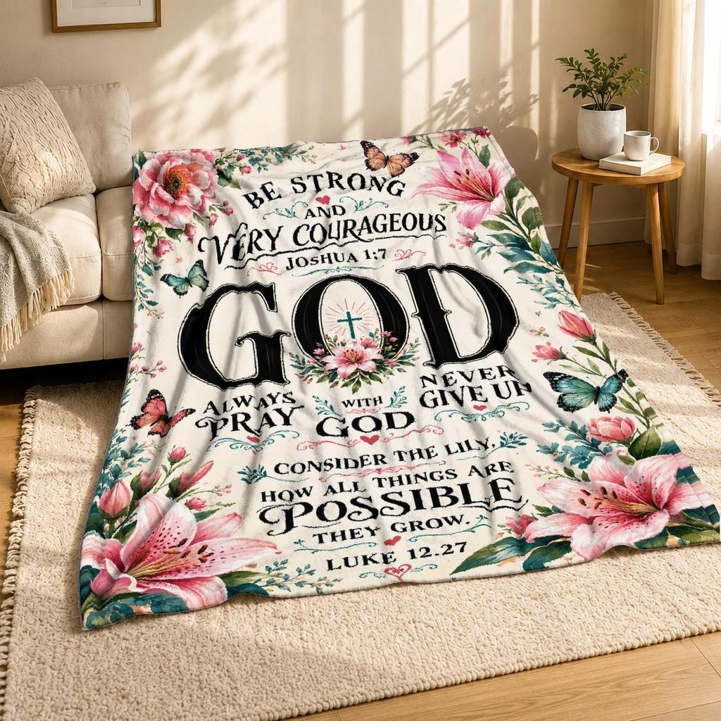 God With Floral Scripture Coral Fleece Blanket