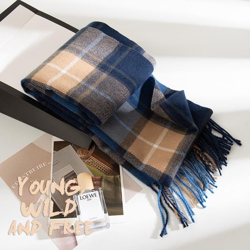 Blue Scarf for Women High End Versatile Thickened Autumn and Winter Stitching Warm New Plaid Scarf Dual Purpose