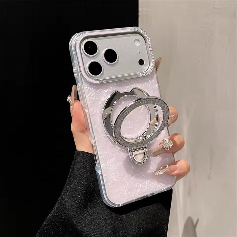 Luxury Glitter Magnetic Shockproof Case for iPhone 17 16 15 14 13 Pro Max Plus Bracket Stand Diamond Camera Frame Glossy Cover