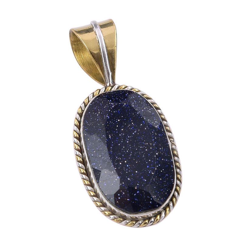 Pietra del Sole Blu Naturale Argento Sterling Massiccio 925 Ciondolo Bicolore Regalo 1,50" c5L77