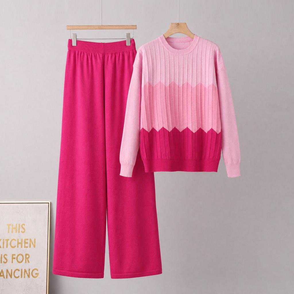 Fashion Suit Casual Contrast Color O-neck Long-sleeved Knitted Sweater High Waist Slim Wide Leg Pants Two-piece Pants for Women