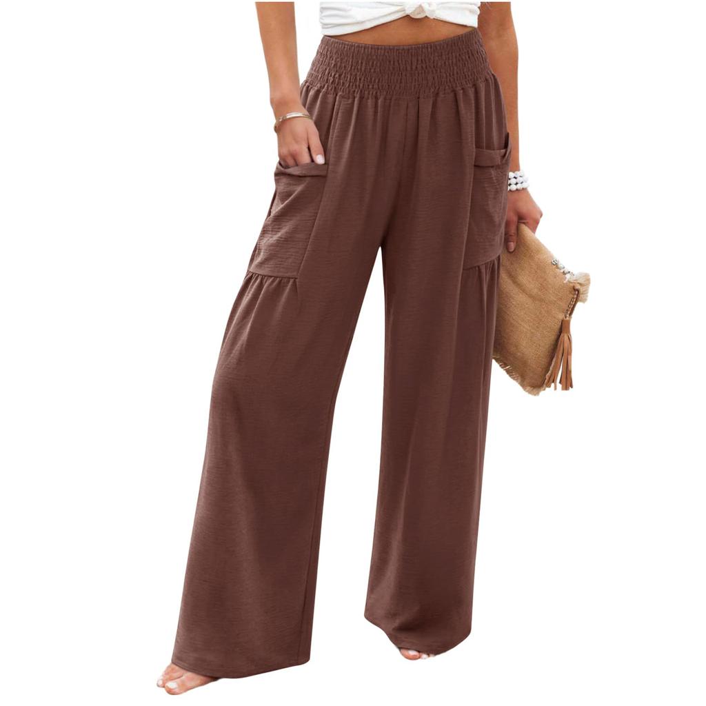 Damskie elastyczne spodnie z wysokim stanem, o swobodnym kroju, z szerokimi nogawkami, długie spodnie, spodnie z kieszeniami