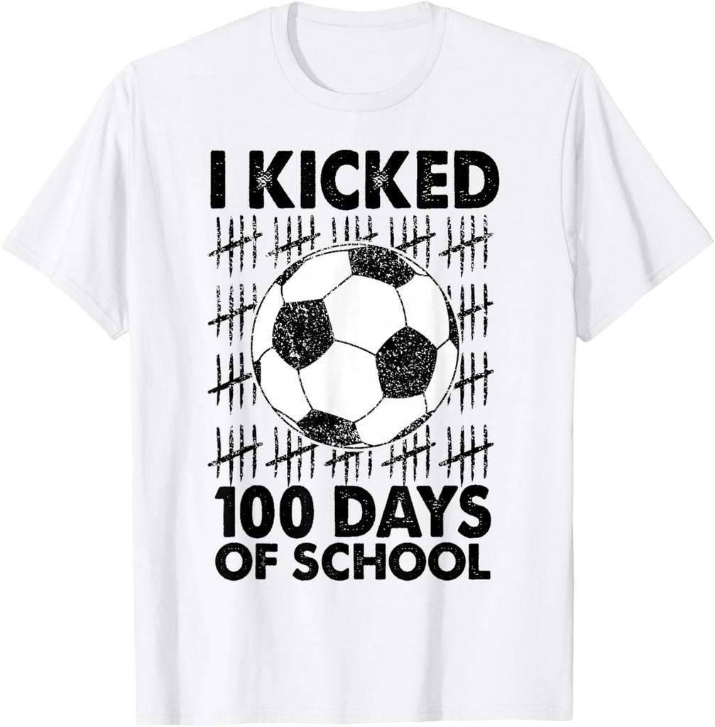 I Kicked 100 Days Of School Soccer Graphic Tshirt Kids Boys Cotton Tee Daily Wear