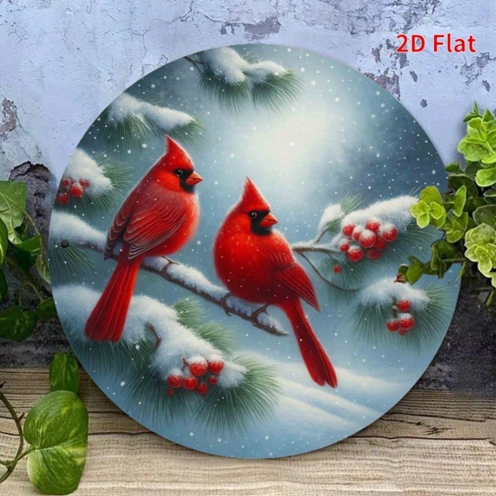 Winter Snow Red Cardinal Double Habitat Iron Wall Art Round 7.8 Inch Metal Sign Home Decor Coffee Shop Restaurant Gift Christmas Holiday Decoration