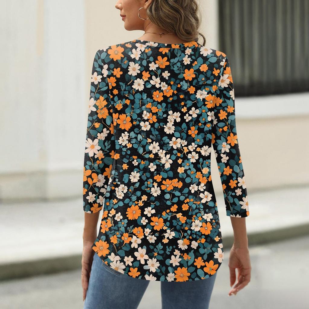 Košile pro dámskou módu Neformální dámské tričko s čtvercovým výstřihem, 3/4 rukávem, volným potištěným tričkem