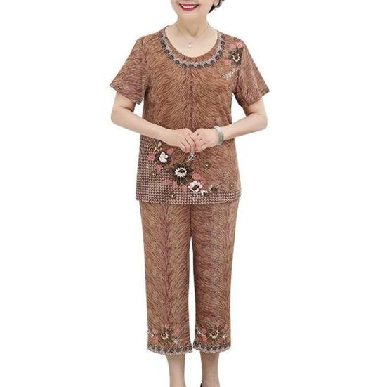 Frühling Sommer Eis Seide Rundhals Damen Kurzarm + Hose Freizeit Sport Zweiteiliges Set