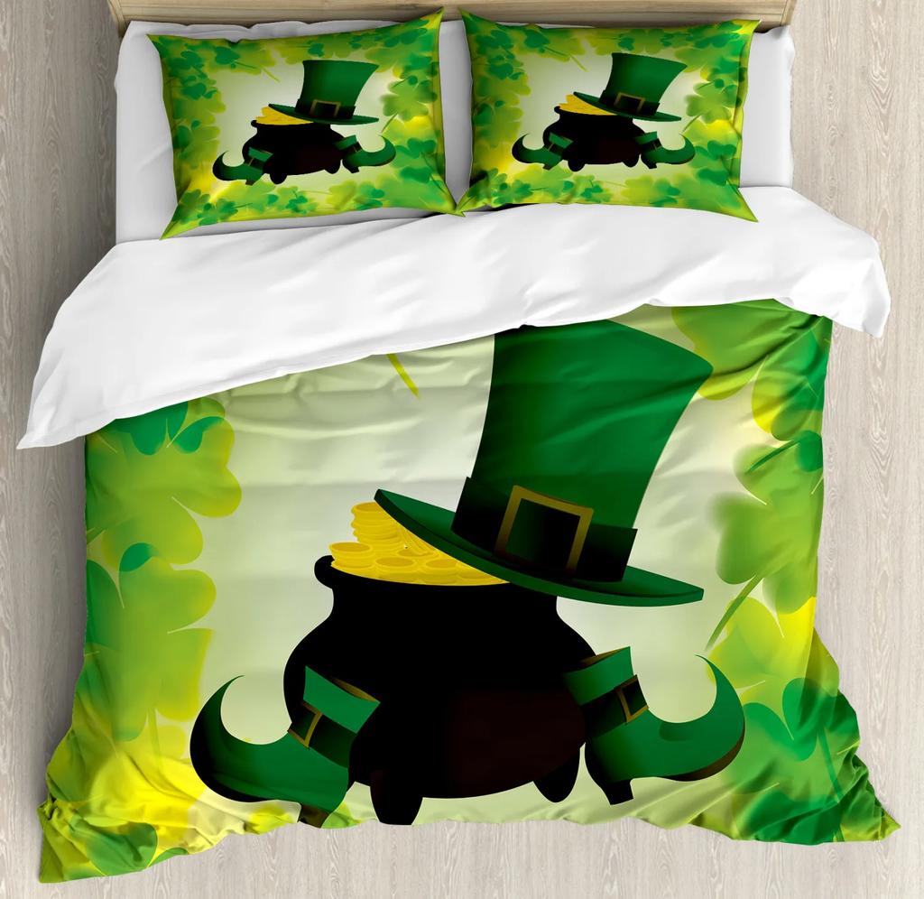 St. Patrick'S Day King Full Duvet Cover Green Lucky Clover Bedding Set Happy Cartoon Gnome Quilt Cover Polyester Comforter Cover