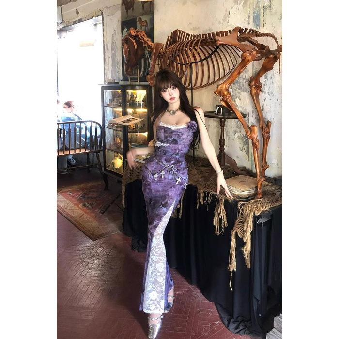 Summer new imperial sister light style purple dress women s waist and hip suspender lace dress S