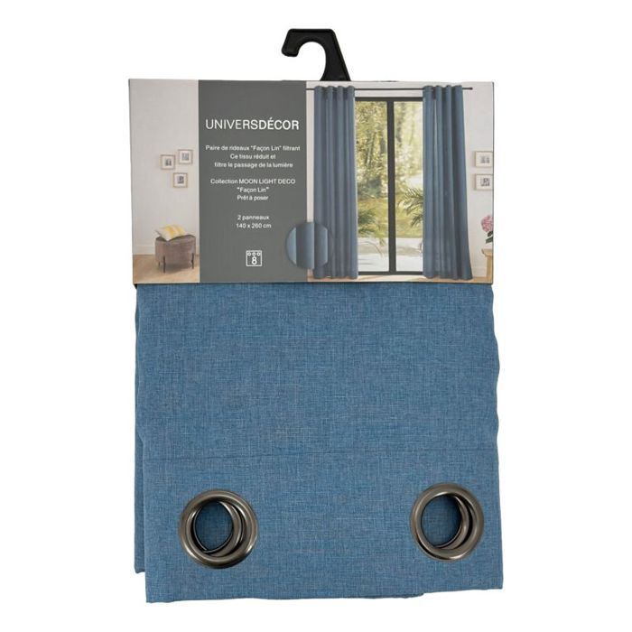 Pair of "Moonlight" Cornflower Linen Effect Eyelet Curtains