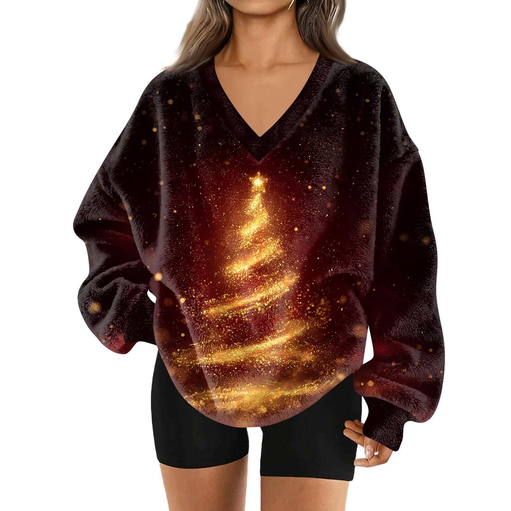 Damenmode Lässig Langarm Weihnachten Bedruckt V-Ausschnitt Oberteil Sweatshirt