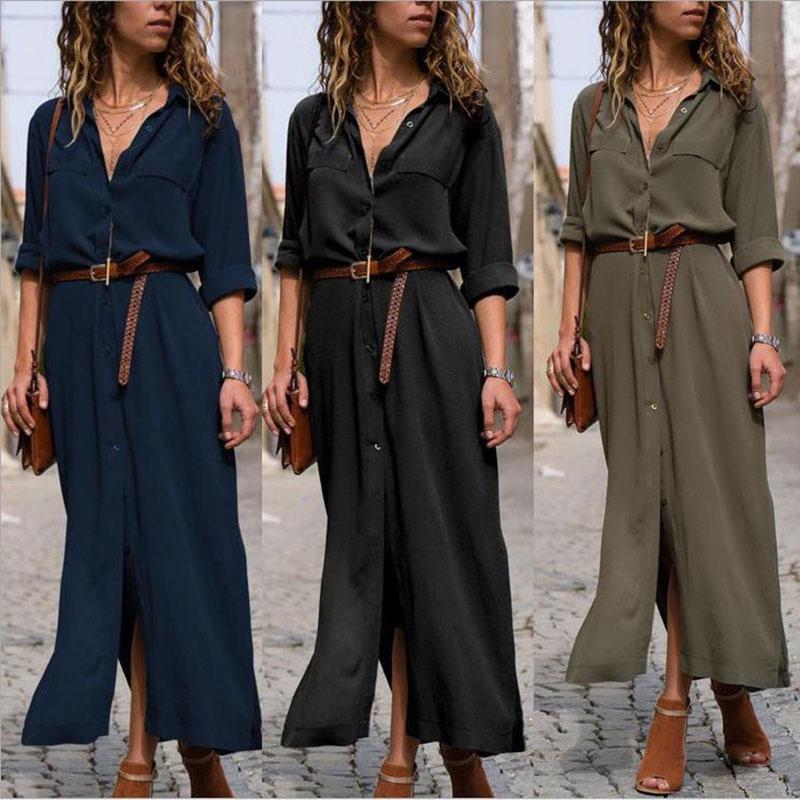 Elegante Abito Camicia da Donna con Bottoni, Manica Lunga, Vestibilità Larga, Maxi Abito da Tè Oversize