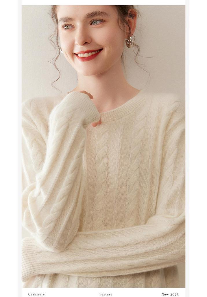Women's Cashmere Sweater - Cable Knit, Slim Fit, Round Neck, Long Sleeve, Solid Color, Elegant Autumn/Winter Top