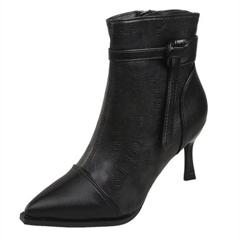 Temperament spisse høye hæler dame 2025 vinter profesjonell designfølelse beltespenne fleece korte støvletter stiletto Martin-støvletter