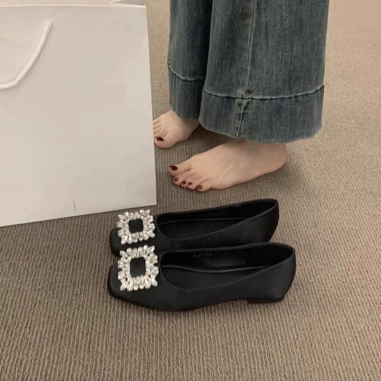 French flat-bottomed high-end rhinestone square buckle satin single shoes for women's spring 2025 new gentle wind evening shoes