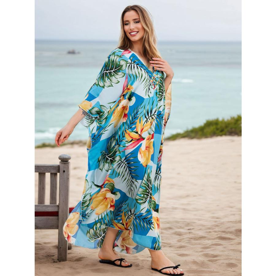 Women's Flowy Beach Maxi Dress Long Kaftan with Chest Weave Cutout, Boho Swim Cover Up 1012