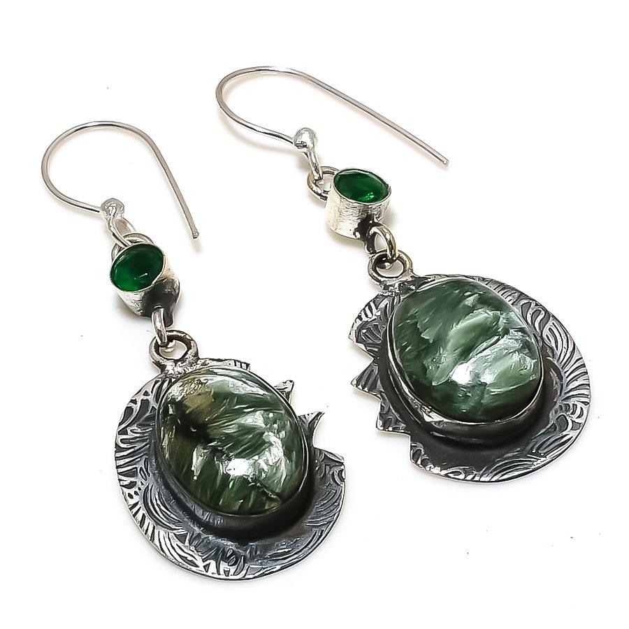 

Серьги из стерлингового серебра 925 пробы с натуральным серафинитом и диопсидом, 2,09 дюйма, J7b16