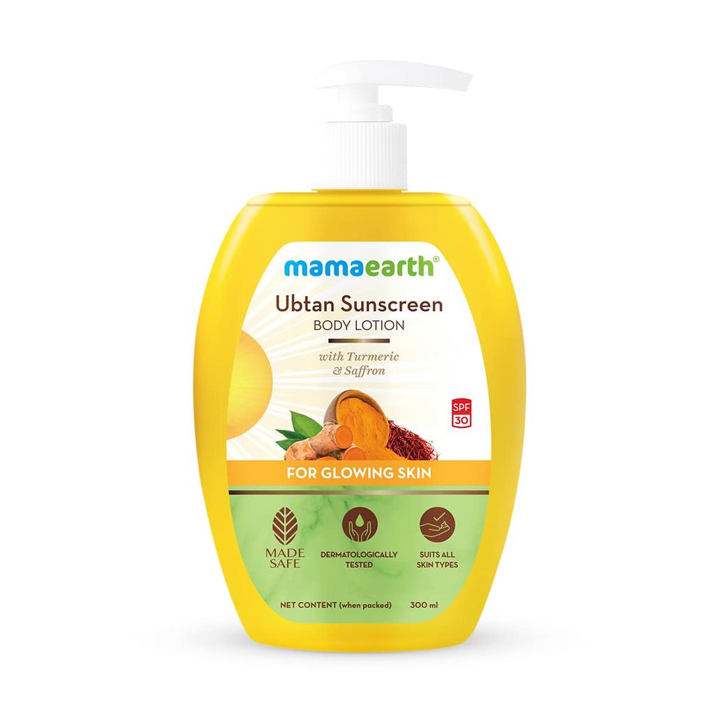 Mamaearth Ubtan Sunscreen Body Lotion SPF 30 With Turmeric & Saffron For Glowing Skin, 300ml, Non-Greasy, Brightening, Made Safe Certified