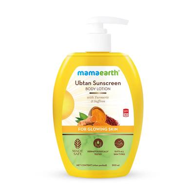 Ubtan Sunscreen Body Lotion SPF 30 With Turmeric & Saffron For Glowing Skin, 300ml, Non-Greasy, Brightening, Made Safe Certified